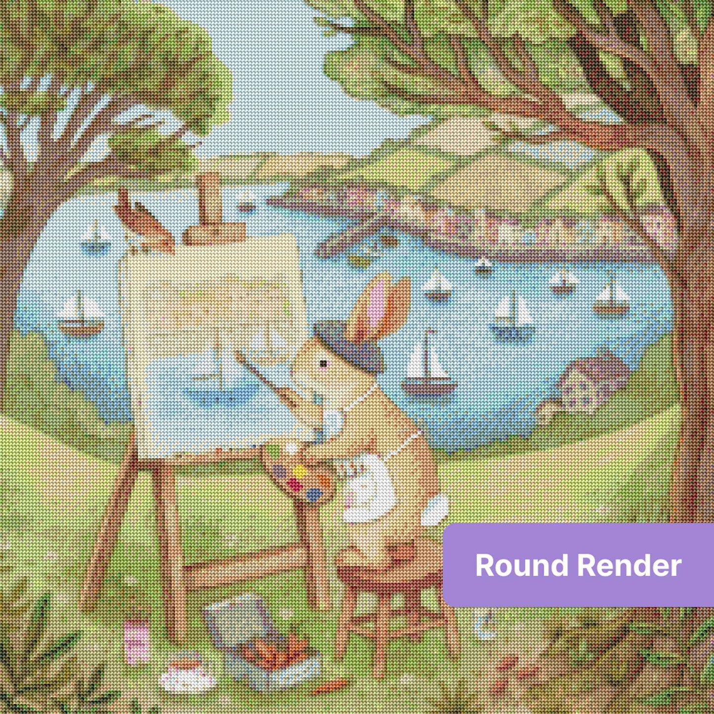 Whimsical bunny painter creating a pastel seaside landscape with sailboats and cottages