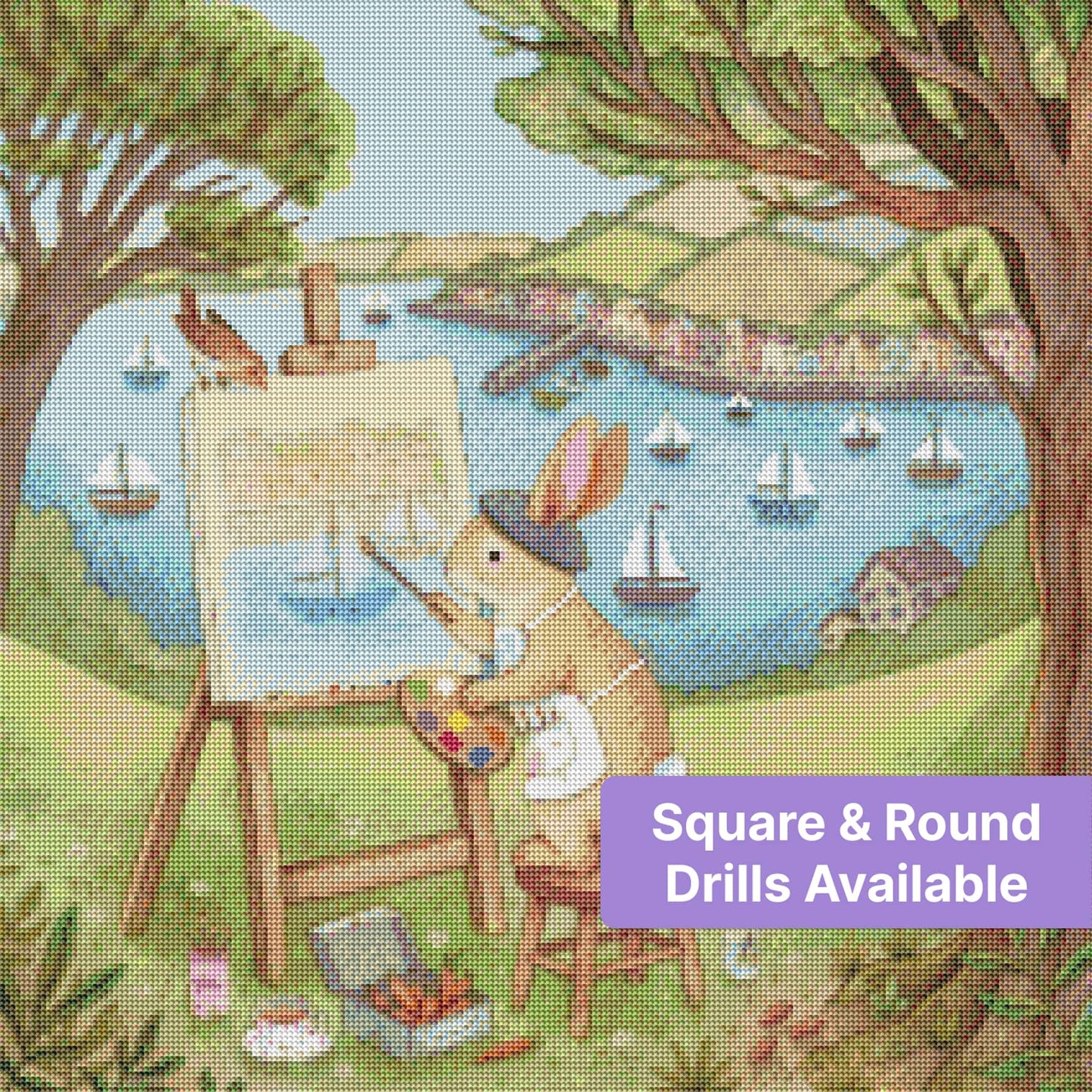 Whimsical bunny painter creating a pastel seaside landscape with sailboats and cottages