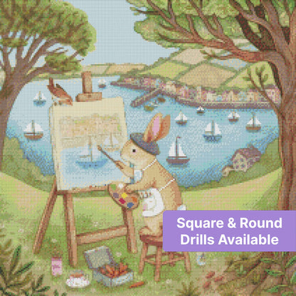 Whimsical bunny painter creating a pastel seaside landscape with sailboats and cottages