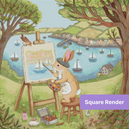 Whimsical bunny painter creating a pastel seaside landscape with sailboats and cottages
