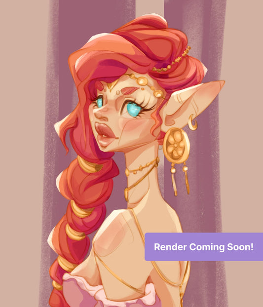 Stylized fantasy elf portrait with red braided hair, turquoise eyes, and gold jewelry