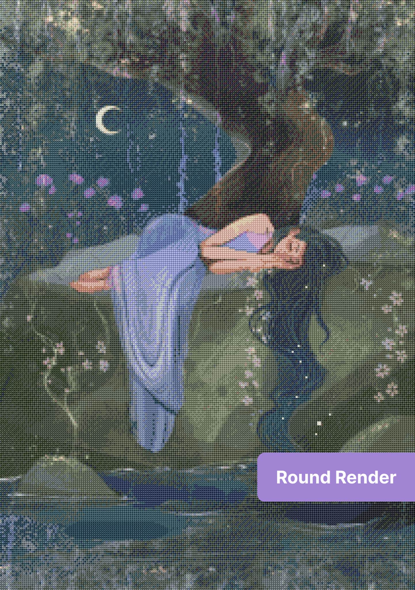 Sleeping woman beneath moonlit tree in a dreamy fantasy forest scene