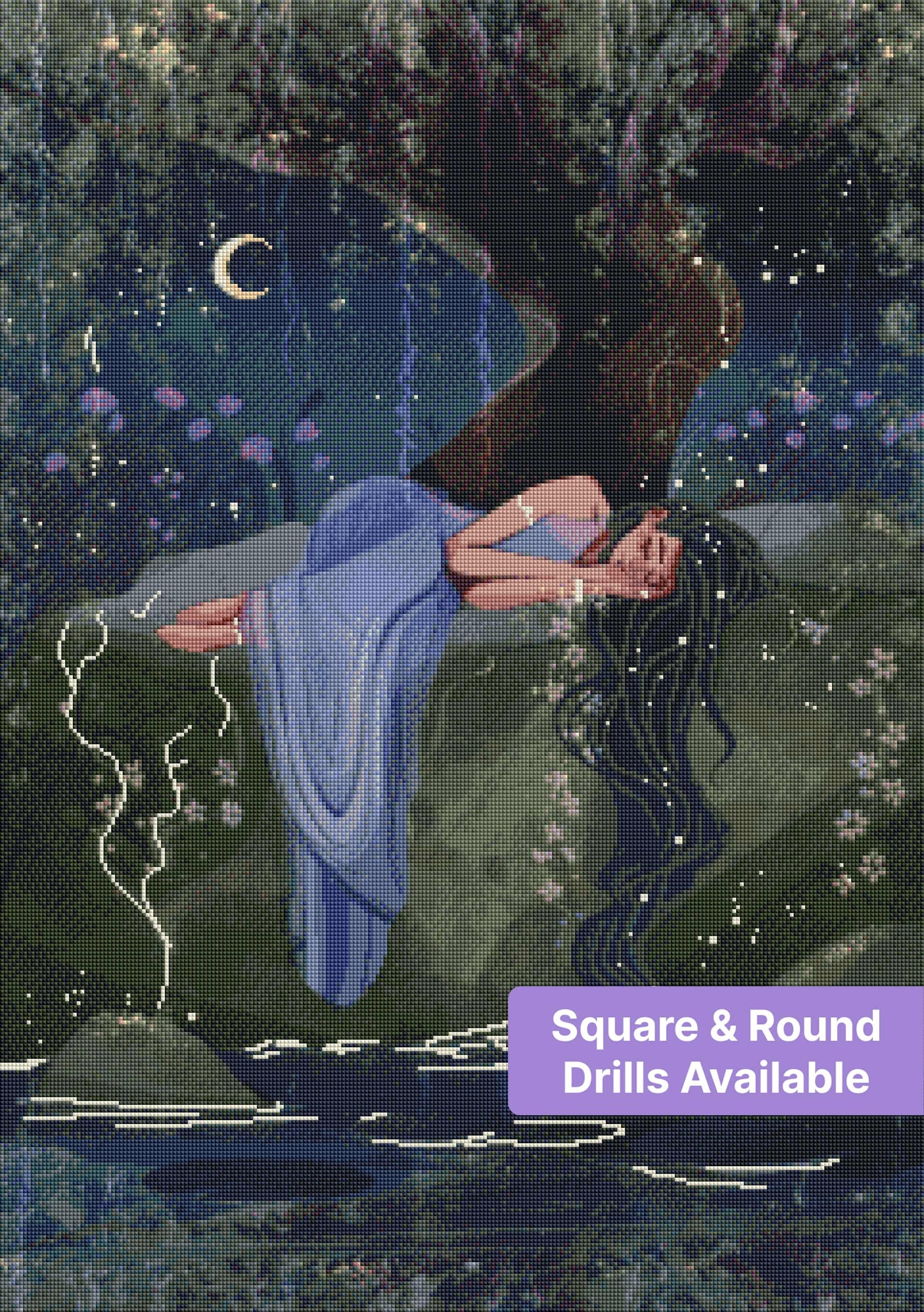 Sleeping woman beneath moonlit tree in a dreamy fantasy forest scene