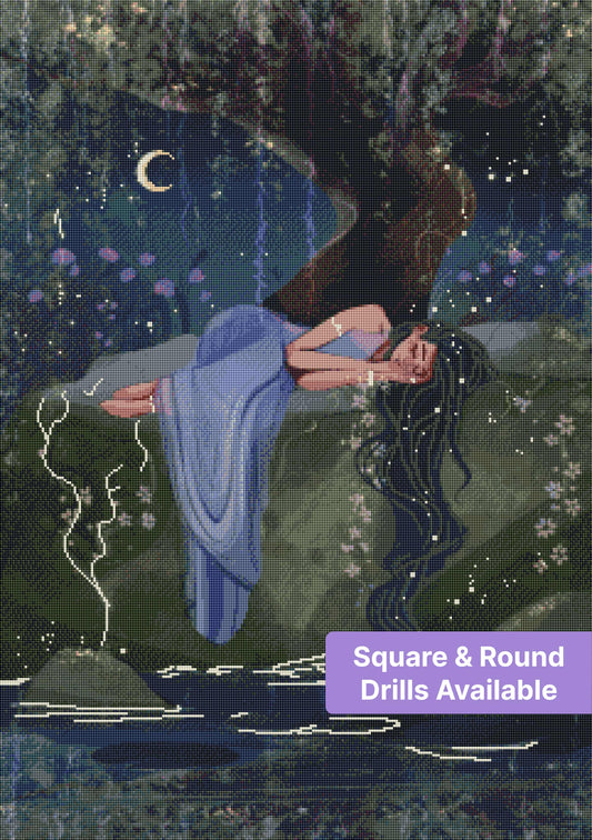 Sleeping woman beneath moonlit tree in a dreamy fantasy forest scene