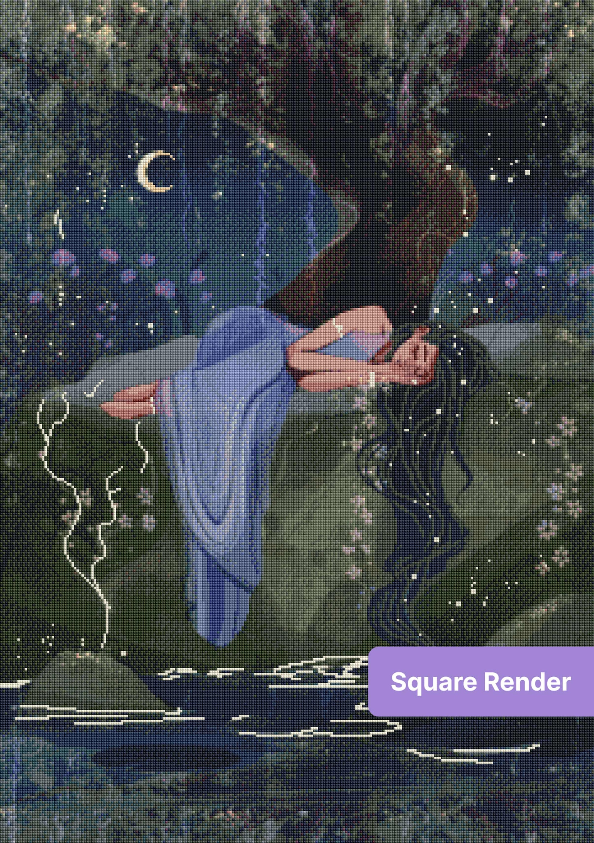 Sleeping woman beneath moonlit tree in a dreamy fantasy forest scene