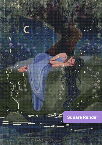 Sleeping woman beneath moonlit tree in a dreamy fantasy forest scene