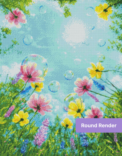 Colorful floral meadow diamond painting with pink and yellow flowers under a bright blue sky