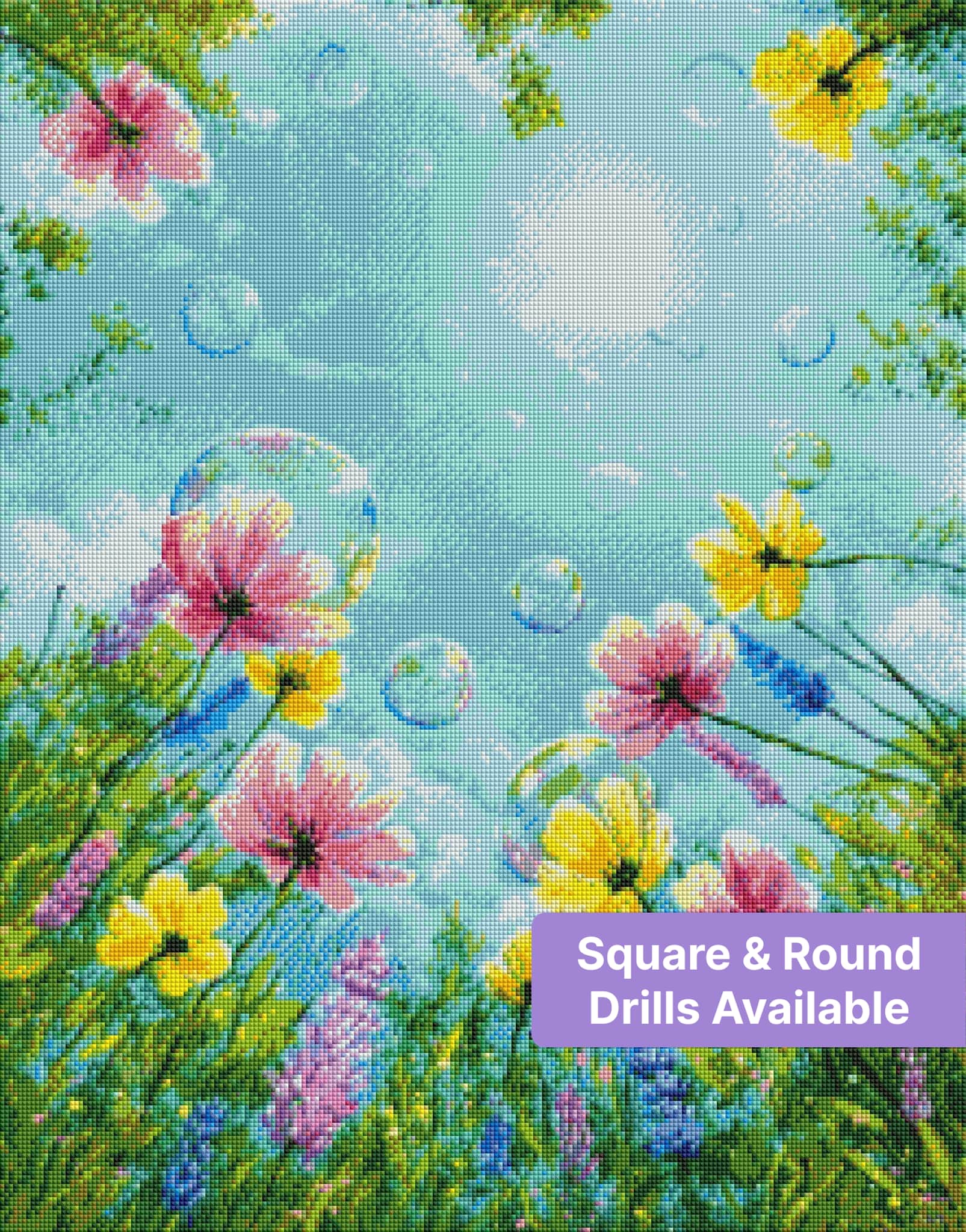Colorful floral meadow diamond painting with pink and yellow flowers under a bright blue sky