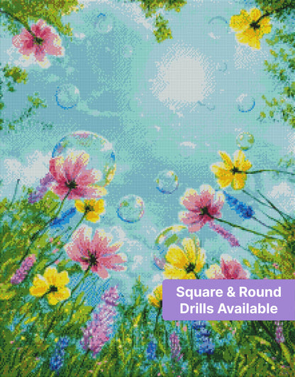Colorful floral meadow diamond painting with pink and yellow flowers under a bright blue sky