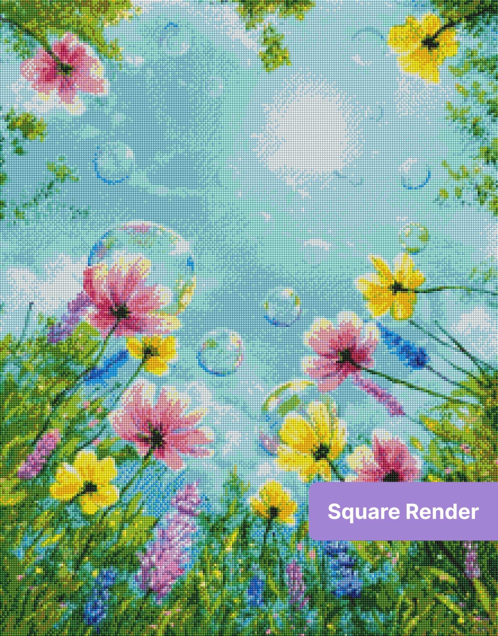 Colorful floral meadow diamond painting with pink and yellow flowers under a bright blue sky