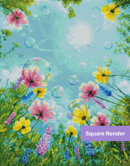 Colorful floral meadow diamond painting with pink and yellow flowers under a bright blue sky