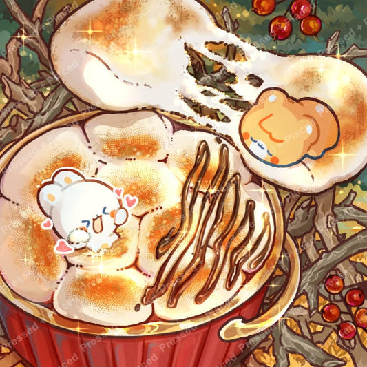 Cute cartoon mushroom dessert with bear character, warm autumn colors, and sparkling whimsical details