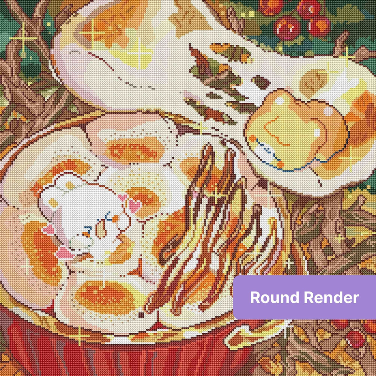 Cute cartoon mushroom dessert with bear character, warm autumn colors, and sparkling whimsical details