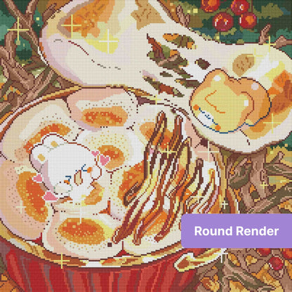 Cute cartoon mushroom dessert with bear character, warm autumn colors, and sparkling whimsical details