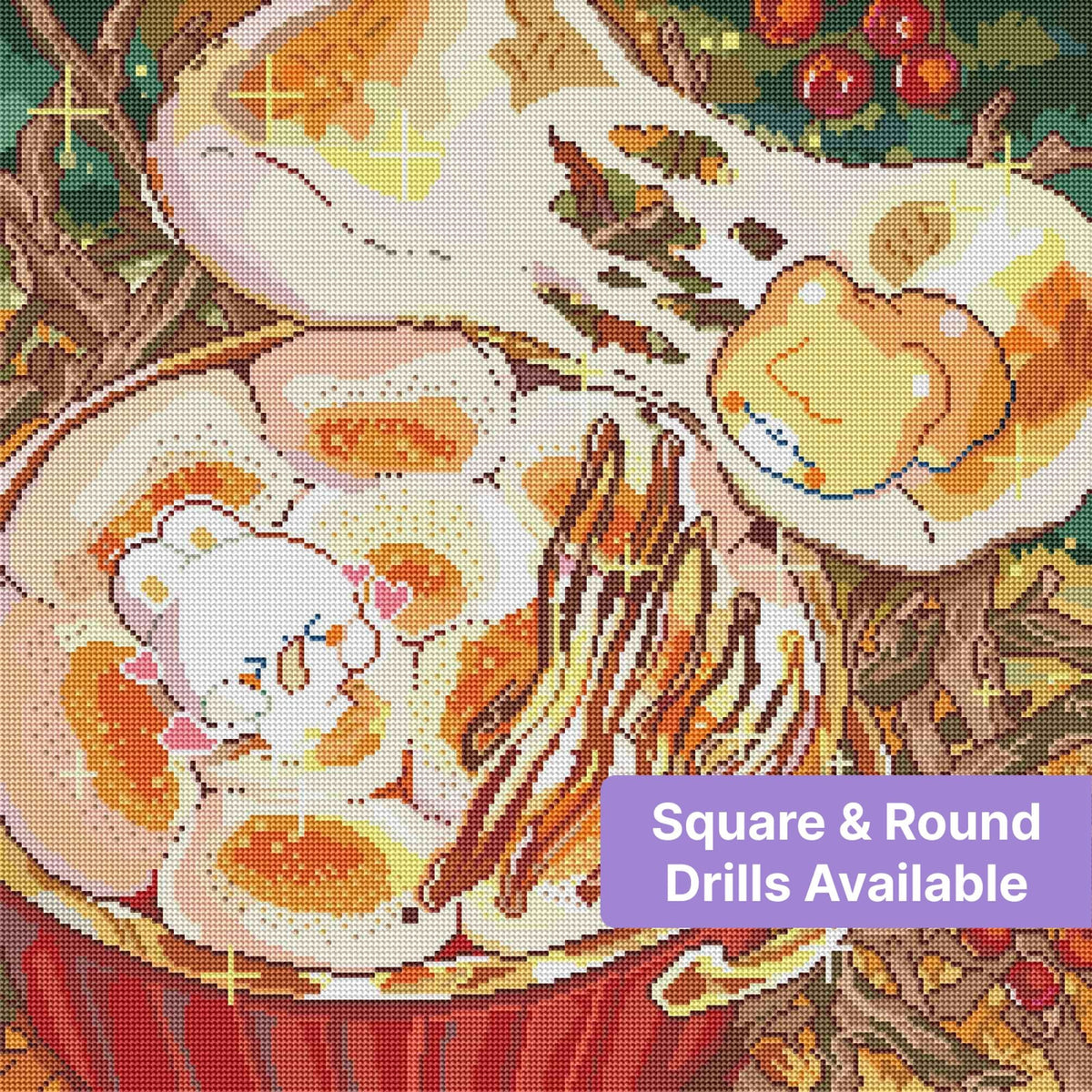 Cute cartoon mushroom dessert with bear character, warm autumn colors, and sparkling whimsical details