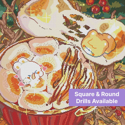 Cute cartoon mushroom dessert with bear character, warm autumn colors, and sparkling whimsical details