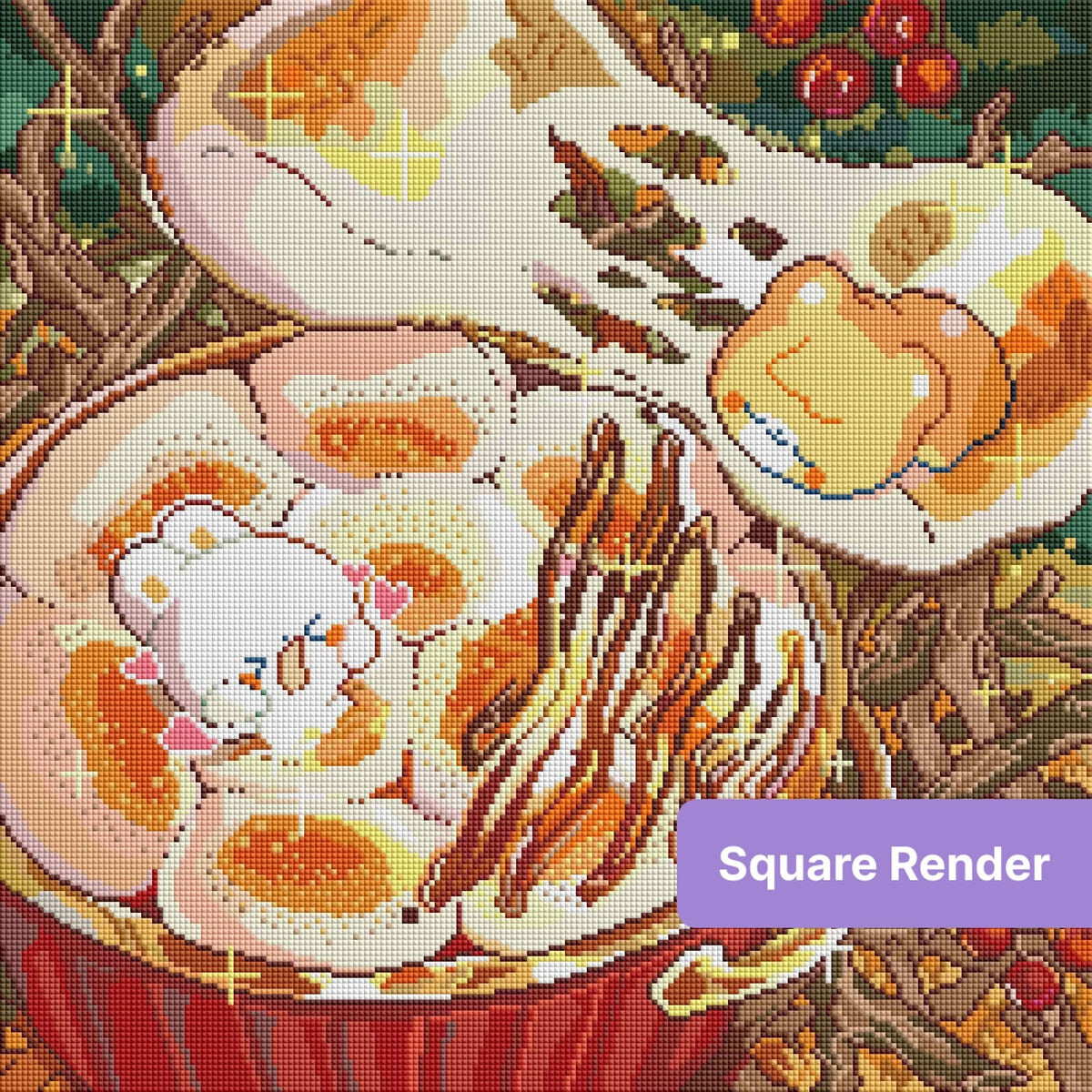Cute cartoon mushroom dessert with bear character, warm autumn colors, and sparkling whimsical details