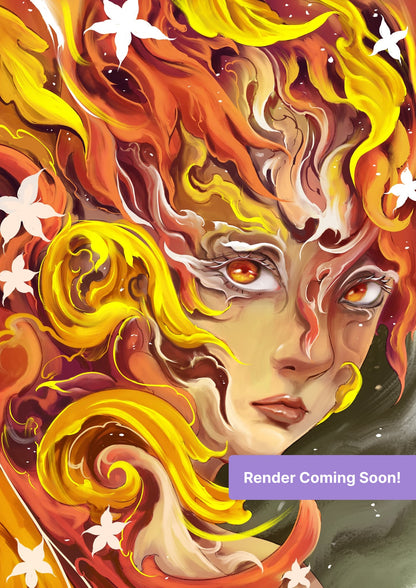 Abstract fantasy woman with fiery flowing hair, glowing eyes, and white floral accents