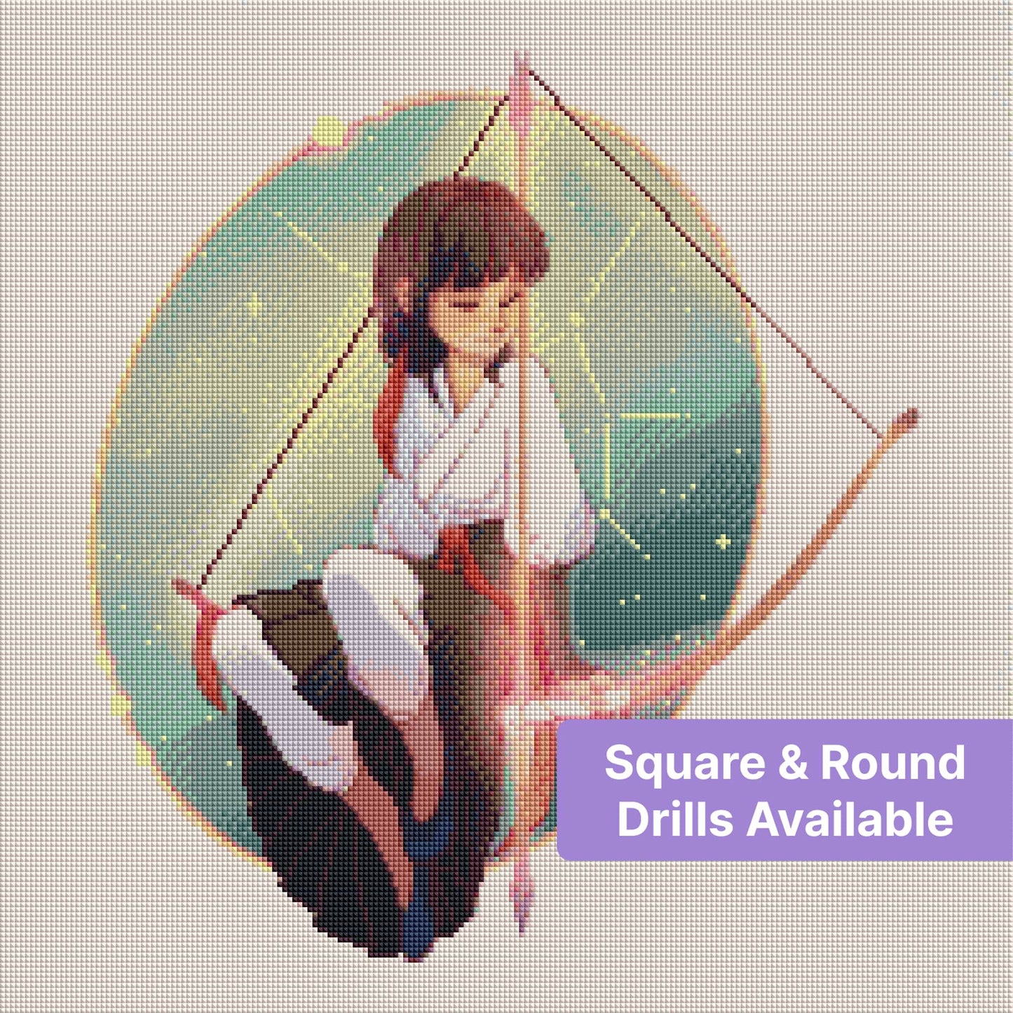 Anime-style archer girl seated in a glowing pastel circle with bow and soft fantasy tones