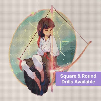 Anime-style archer girl seated in a glowing pastel circle with bow and soft fantasy tones