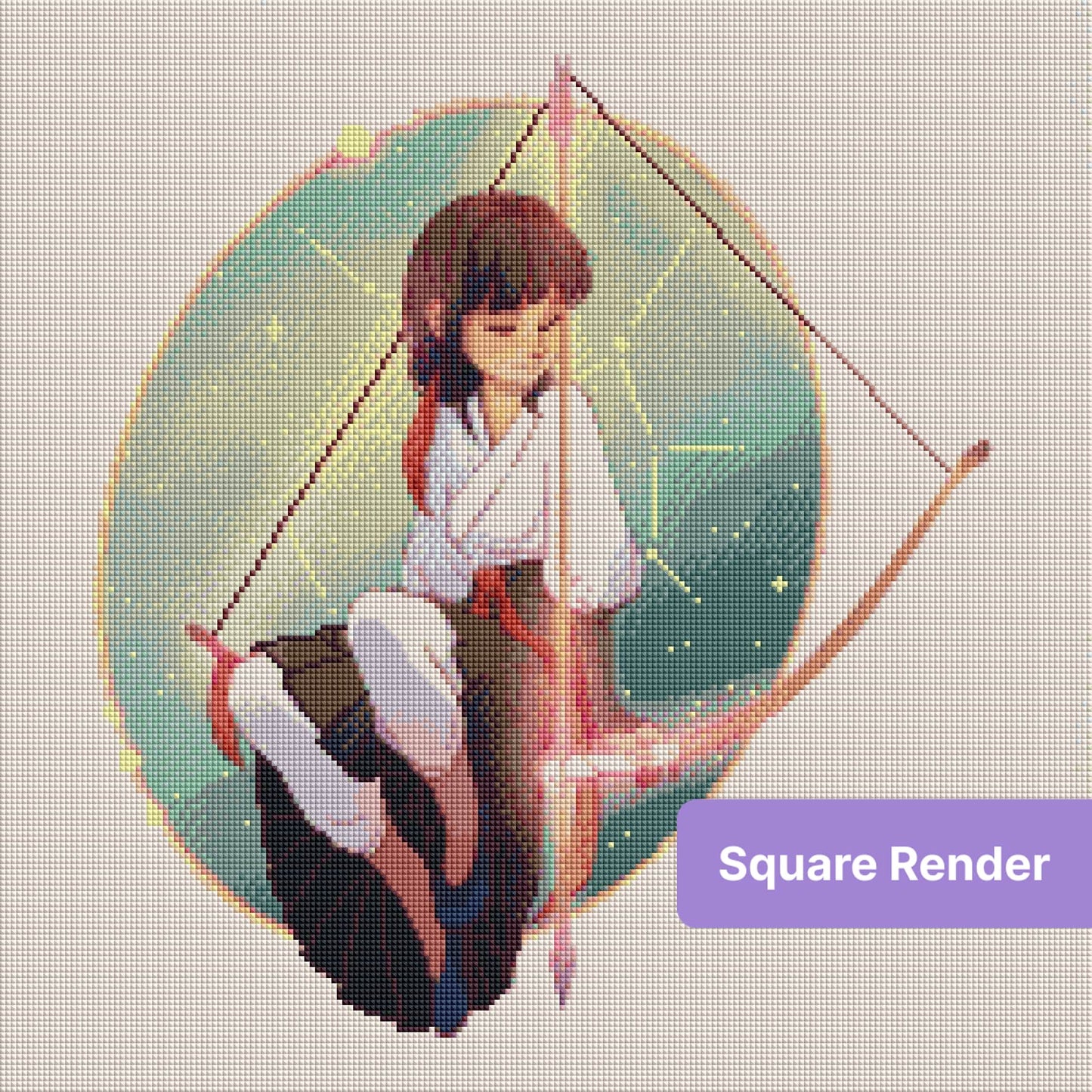 Anime-style archer girl seated in a glowing pastel circle with bow and soft fantasy tones