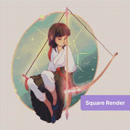 Anime-style archer girl seated in a glowing pastel circle with bow and soft fantasy tones