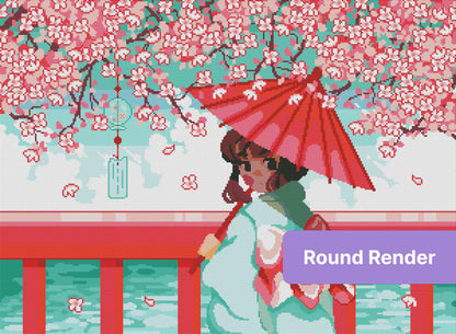 Pixel-style girl with red umbrella beneath cherry blossoms and turquoise water
