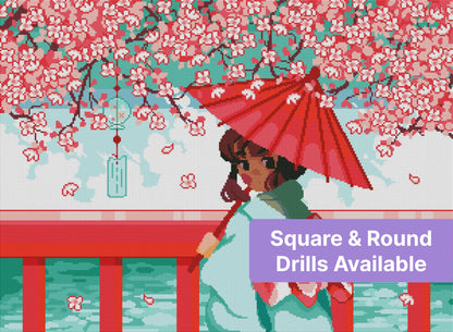 Pixel-style girl with red umbrella beneath cherry blossoms and turquoise water