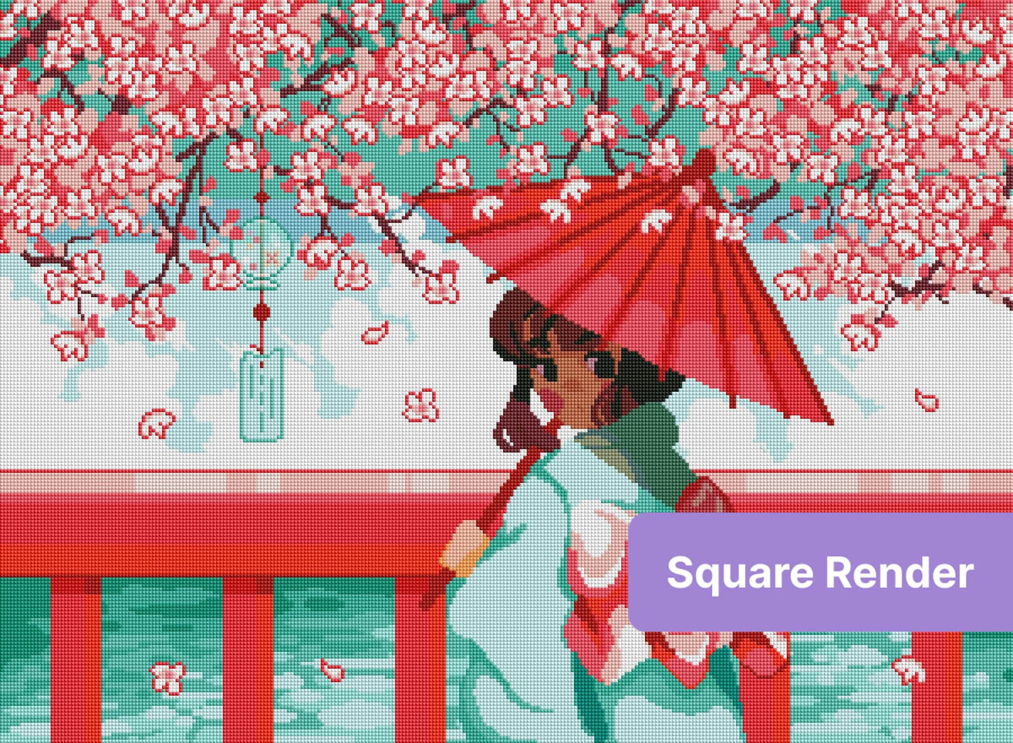 Pixel-style girl with red umbrella beneath cherry blossoms and turquoise water