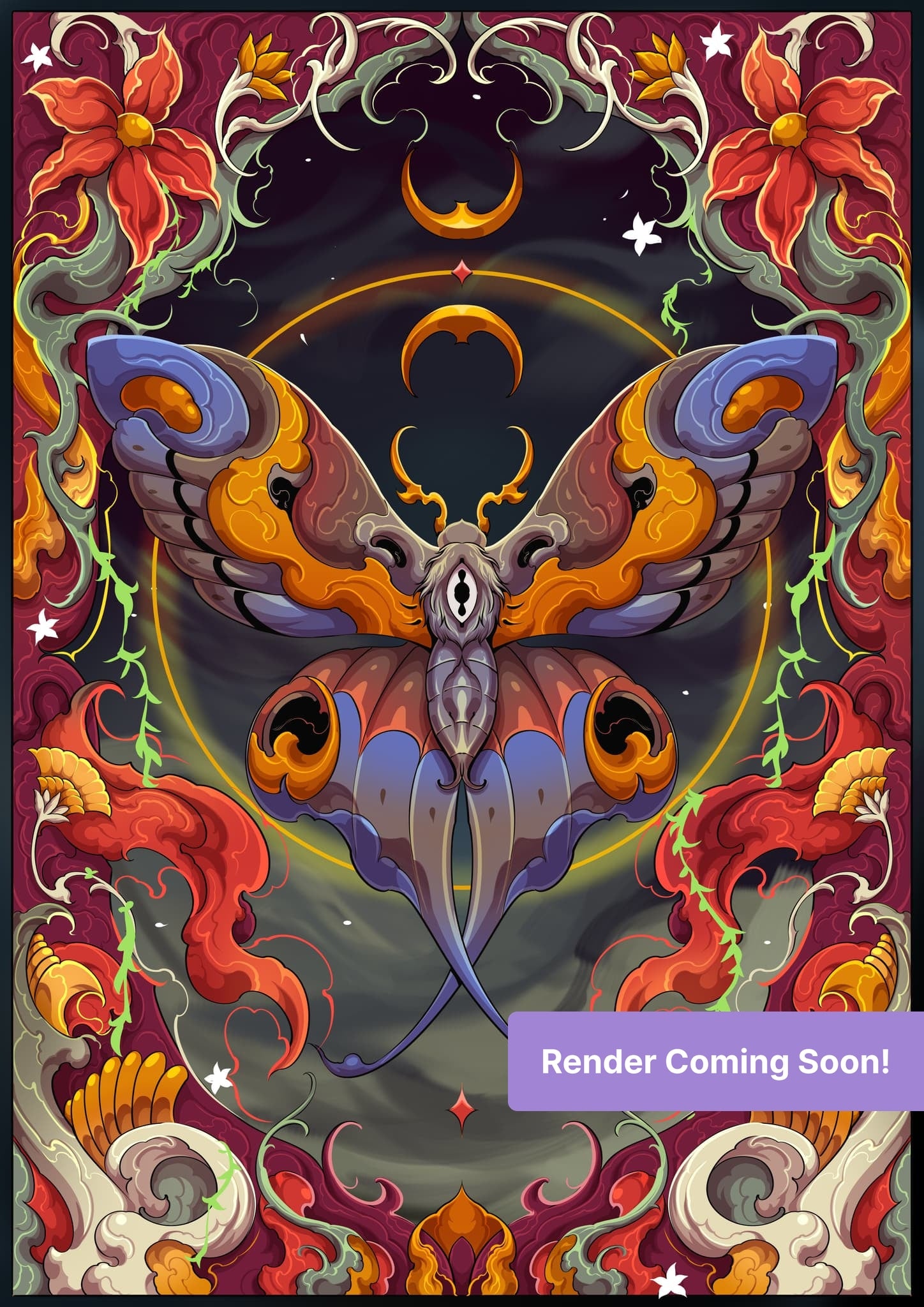 Colorful luna moth with floral gothic ornamentation and celestial accents