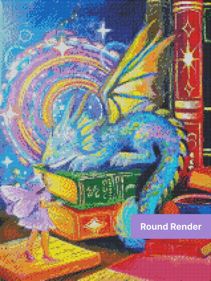 Colorful dragon resting among glowing books with a magical orb and fantasy sparkles