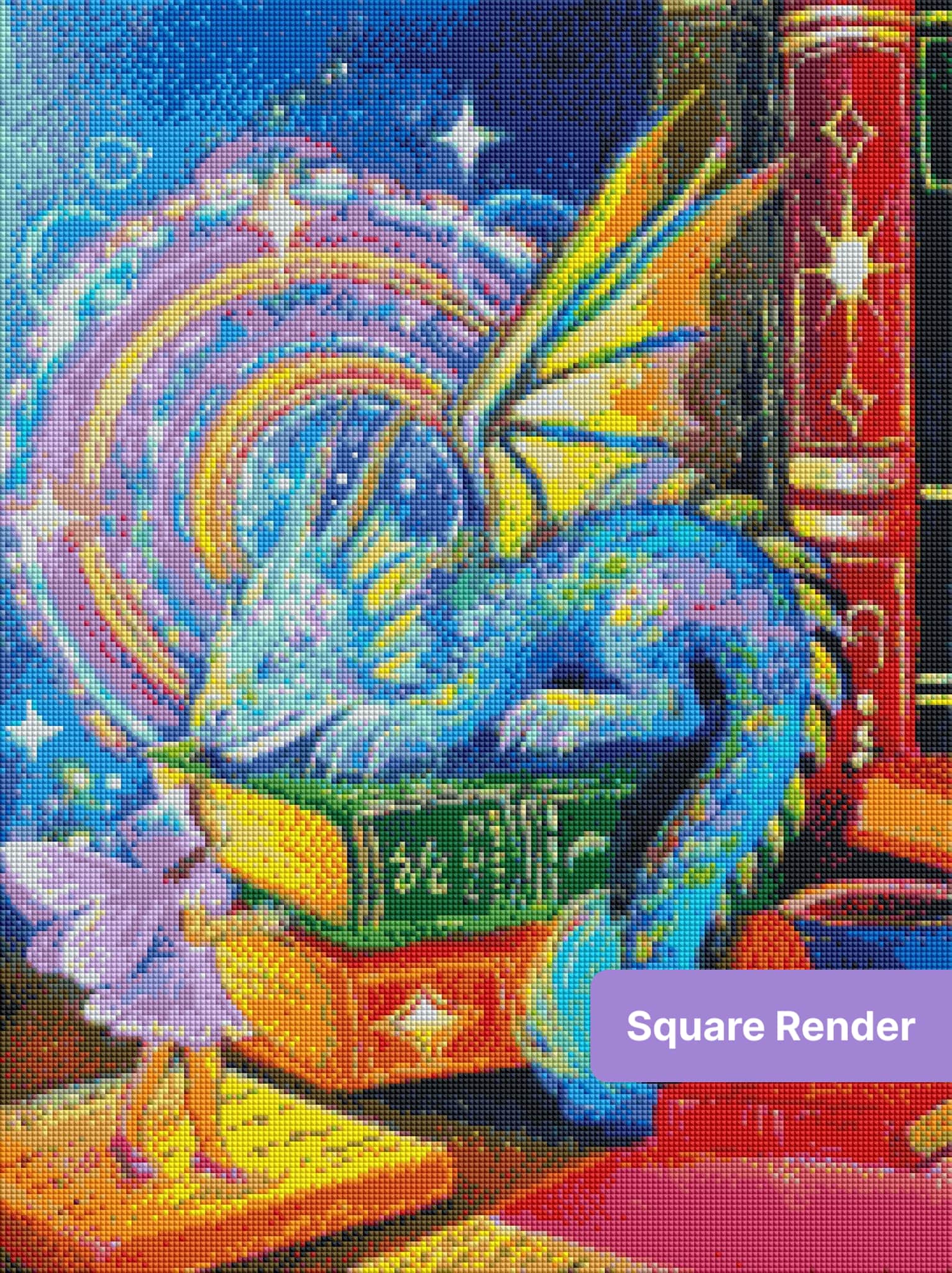 Colorful dragon resting among glowing books with a magical orb and fantasy sparkles