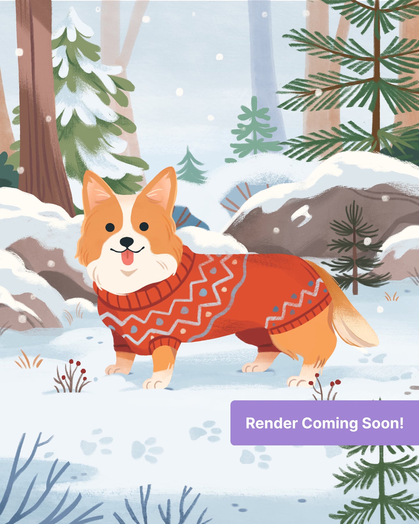 Cute corgi in a red sweater standing in a snowy pine forest, whimsical winter illustration