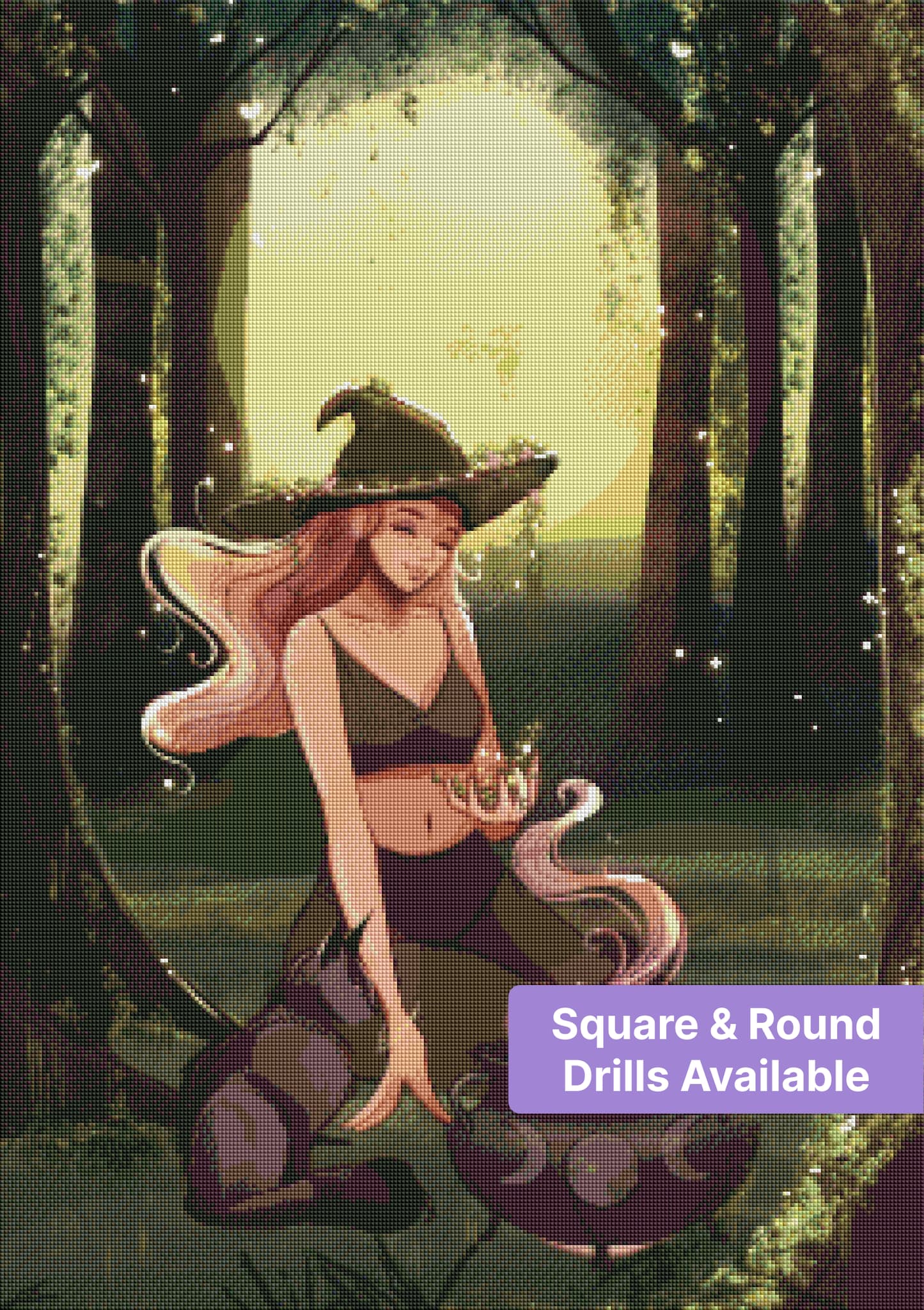 Fantasy witch in a glowing forest beside a cauldron, with pink hair and soft magical lights