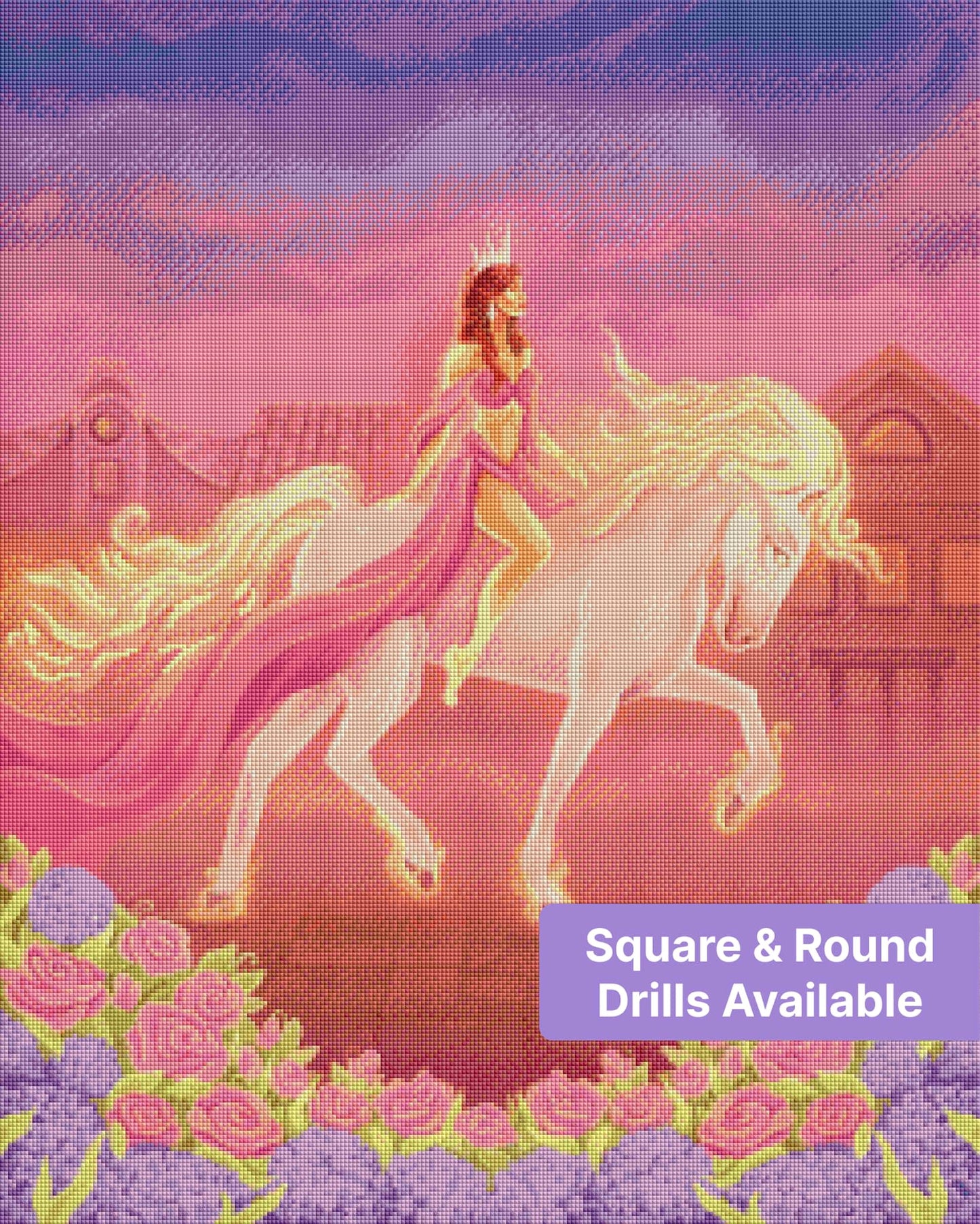 Fantasy princess riding a glowing white horse with floral border and pastel sunset sky