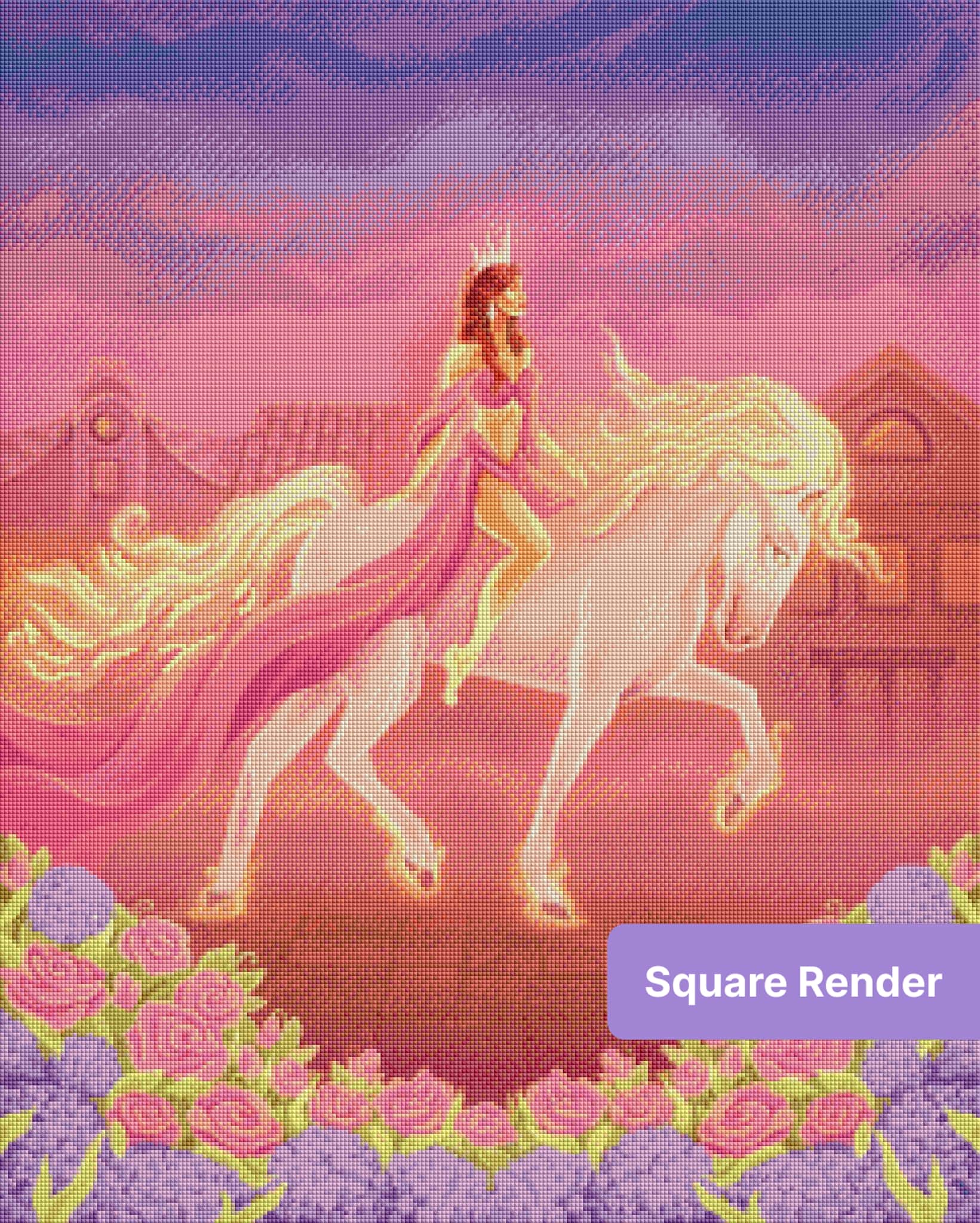 Fantasy princess riding a glowing white horse with floral border and pastel sunset sky