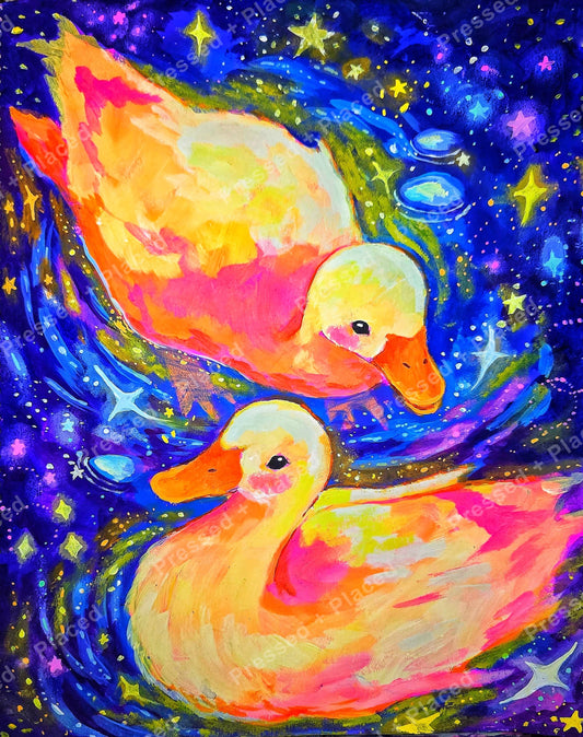 Two colorful ducks floating through a vibrant starry galaxy in whimsical watercolor style