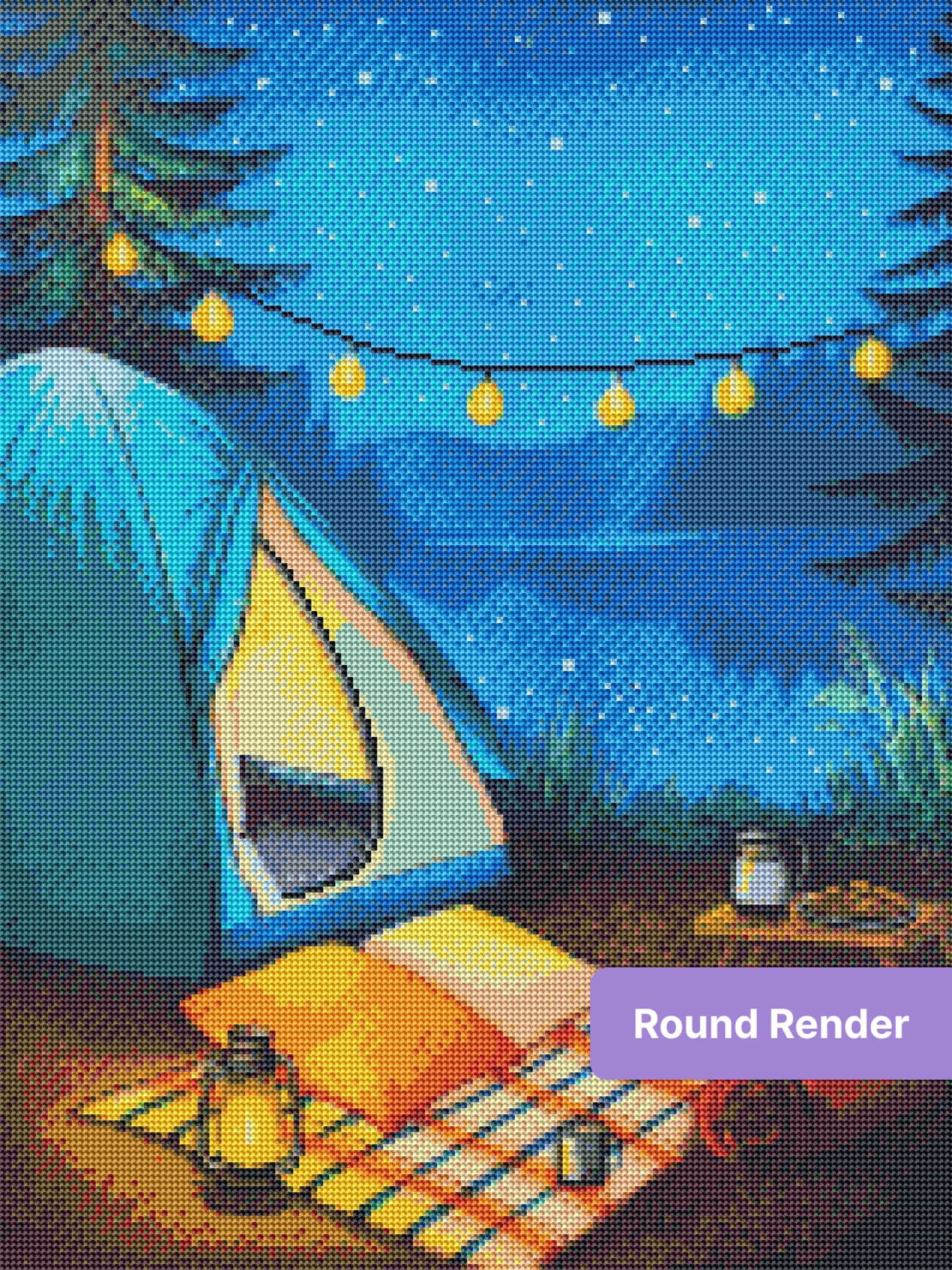 Cozy camping scene with glowing tent, lanterns, string lights, and starry night sky