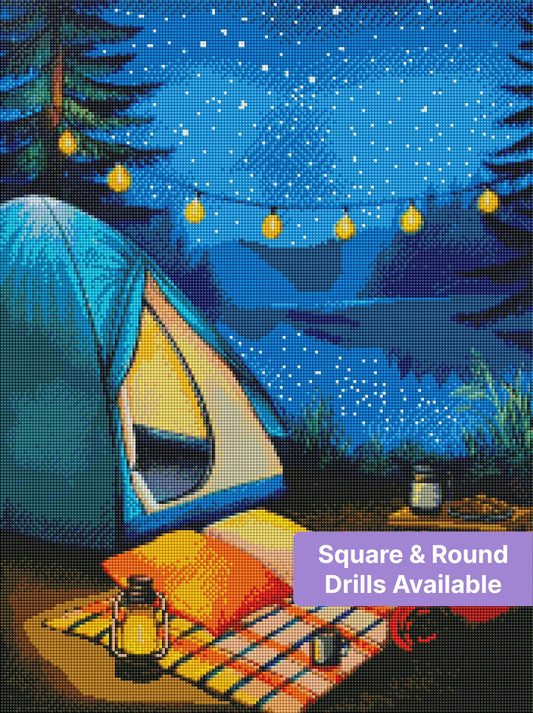 Cozy camping scene with glowing tent, lanterns, string lights, and starry night sky