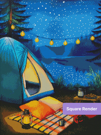 Cozy camping scene with glowing tent, lanterns, string lights, and starry night sky
