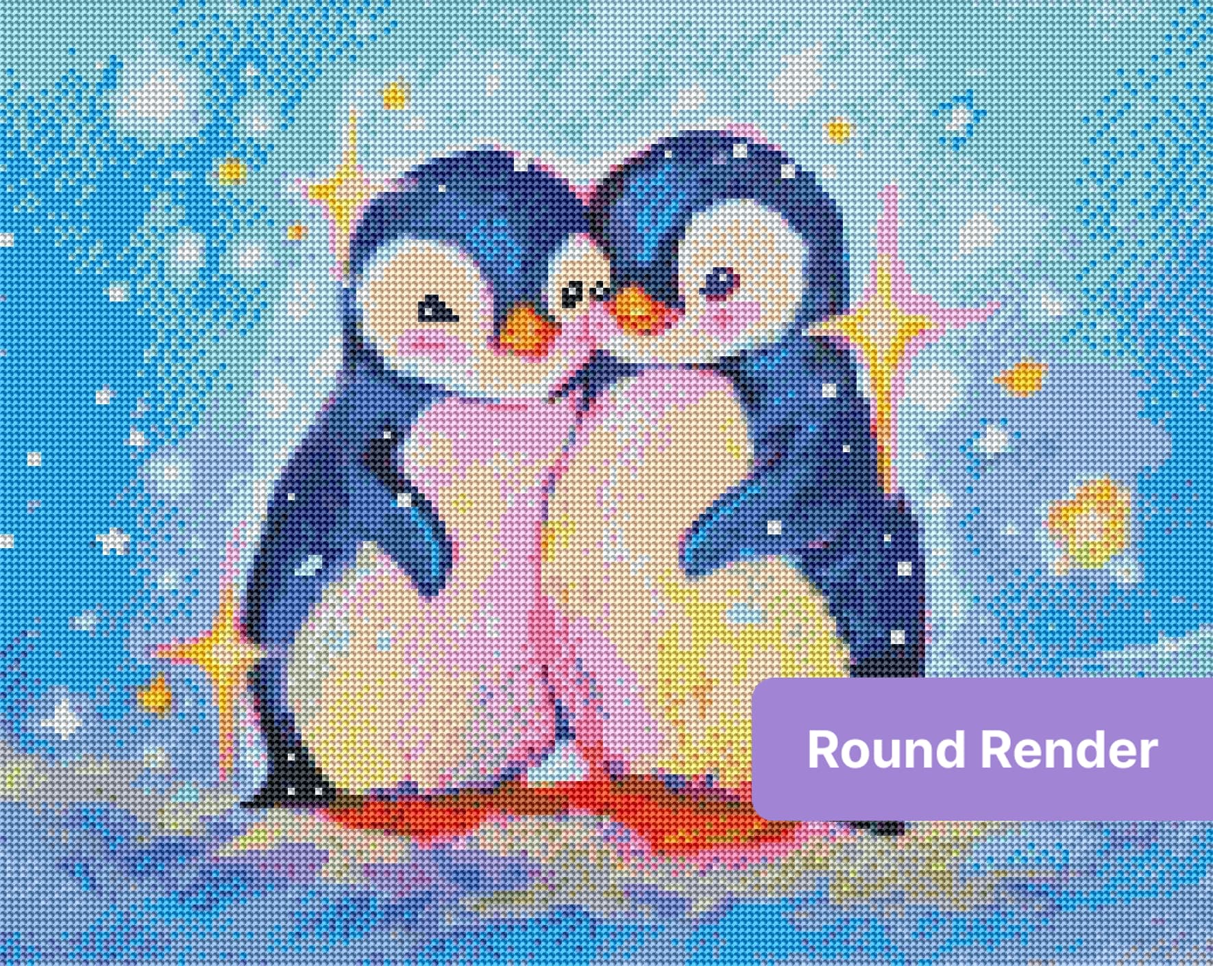 Two cute baby penguins cuddling in a pastel fantasy style with sparkling stars