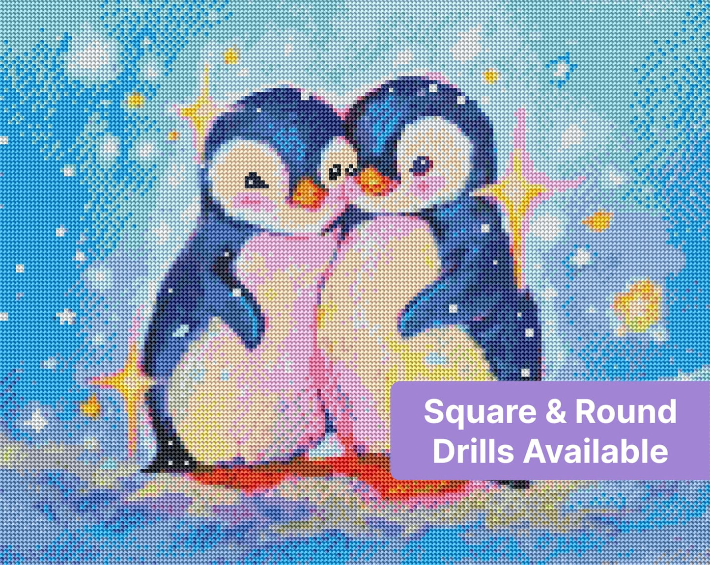 Two cute baby penguins cuddling in a pastel fantasy style with sparkling stars