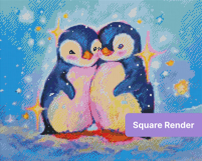 Two cute baby penguins cuddling in a pastel fantasy style with sparkling stars