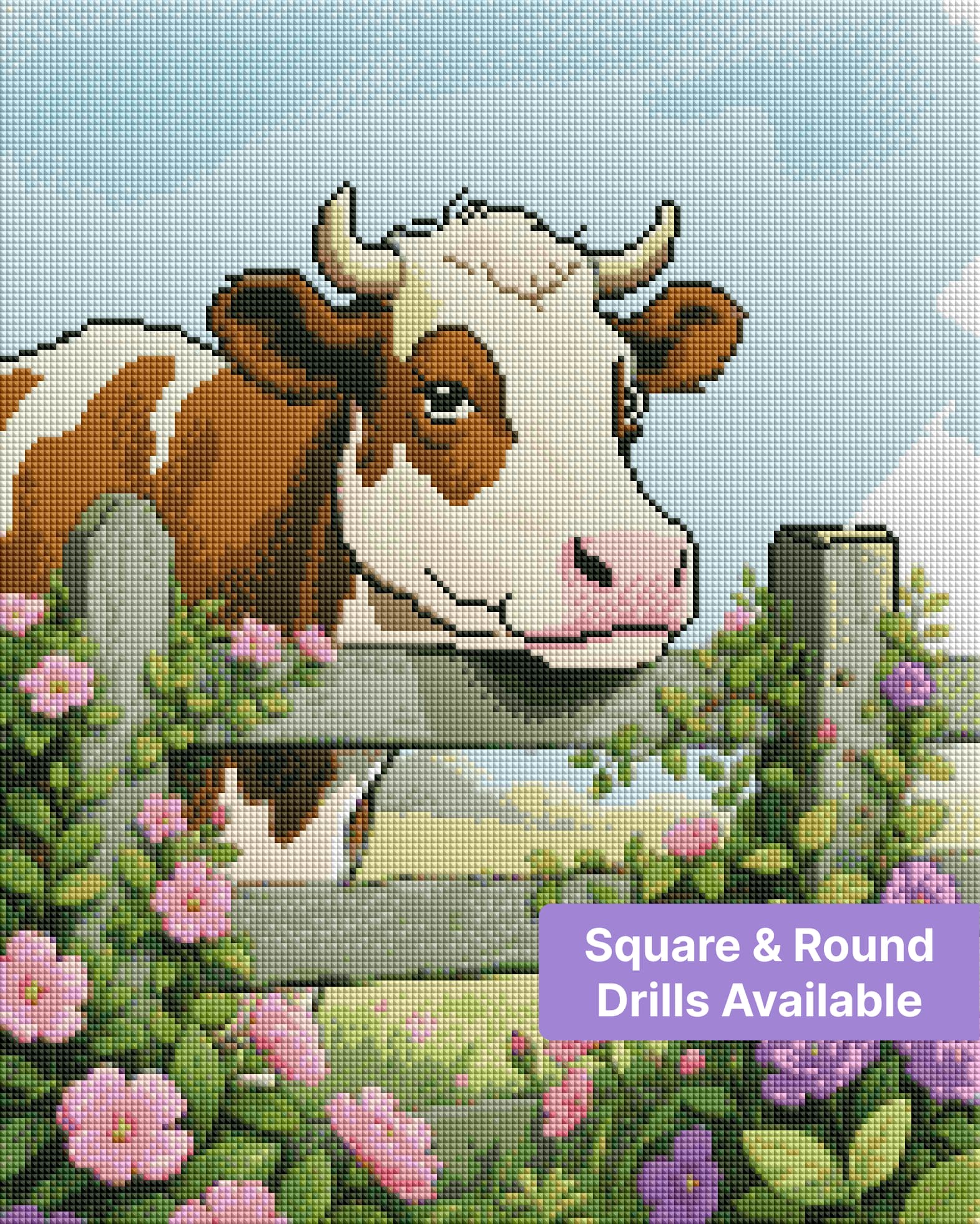 Cute brown and white cow behind a flower-covered wooden fence in a soft watercolor style
