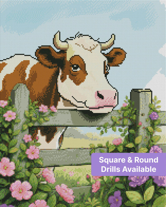 Cute brown and white cow behind a flower-covered wooden fence in a soft watercolor style