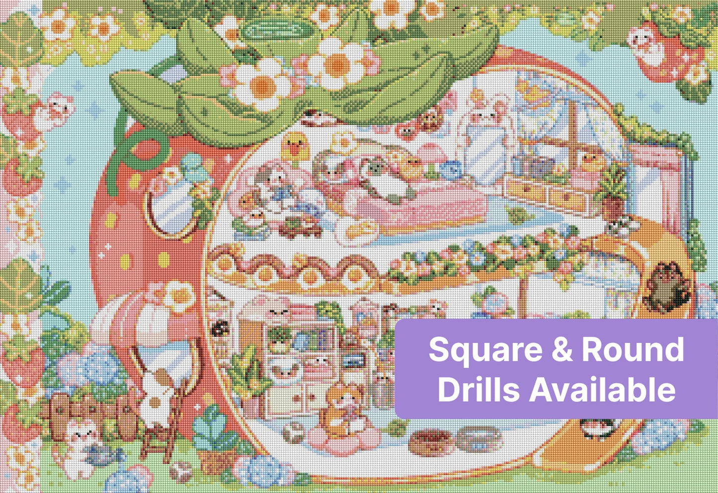 Kawaii strawberry house with cute animals, pastel rooms, and floral fantasy decor