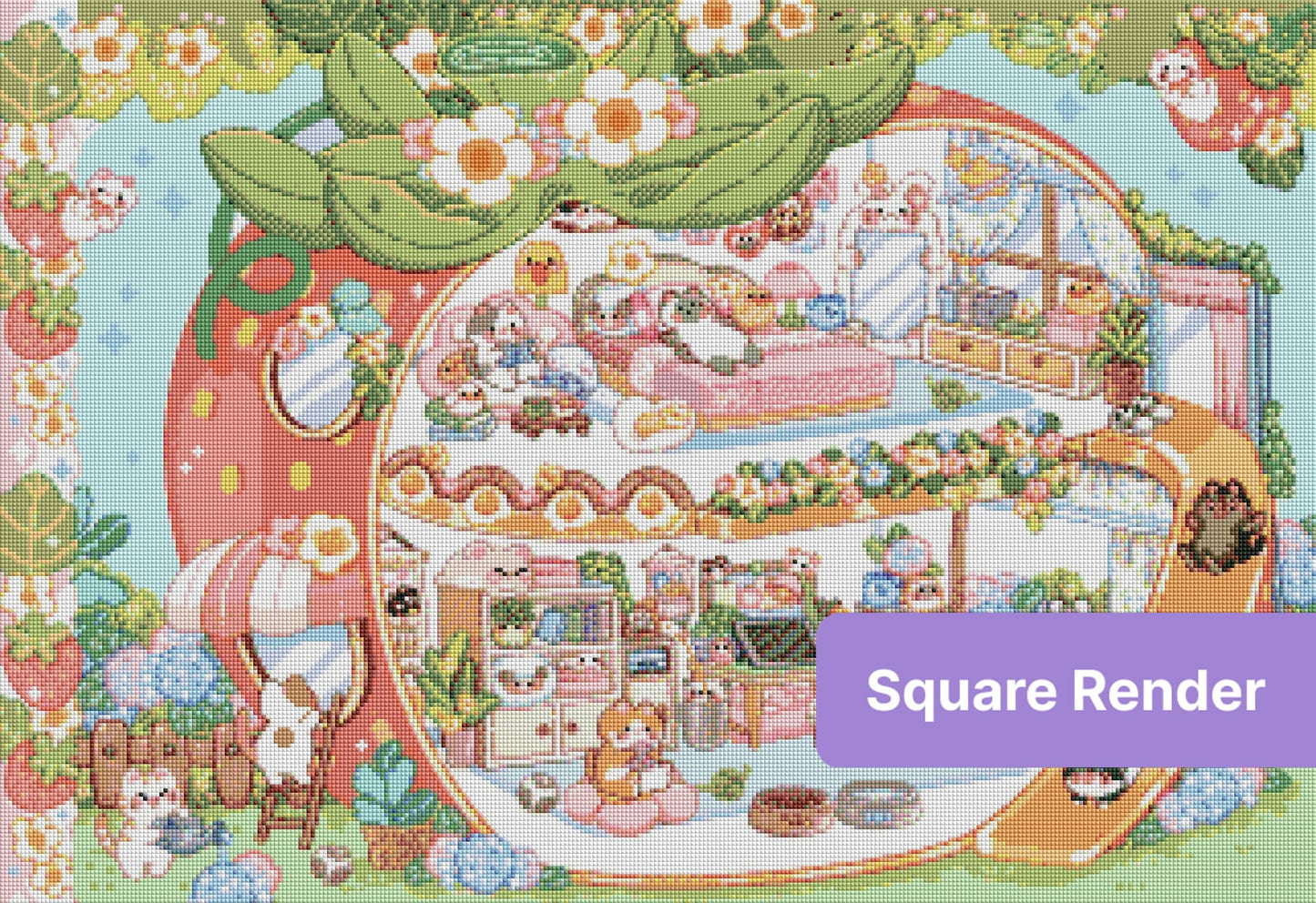 Kawaii strawberry house with cute animals, pastel rooms, and floral fantasy decor