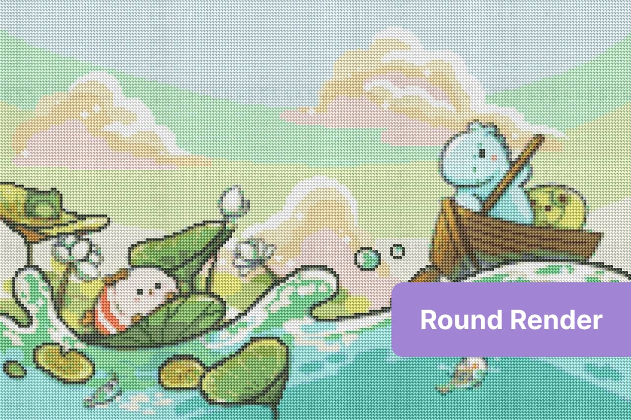 cute aquatic creatures diamond art kit featuring a cheerful frog and boat scene
