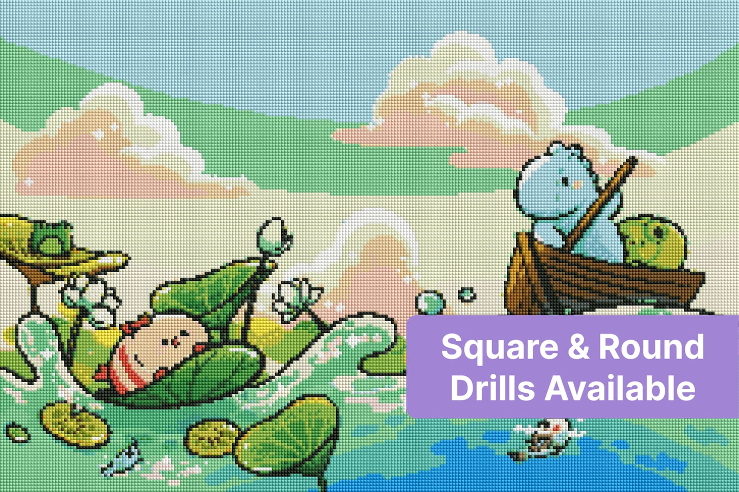 cute aquatic creatures diamond art kit featuring a cheerful frog and boat scene