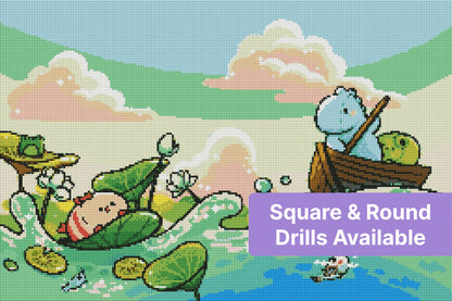 cute aquatic creatures diamond art kit featuring a cheerful frog and boat scene